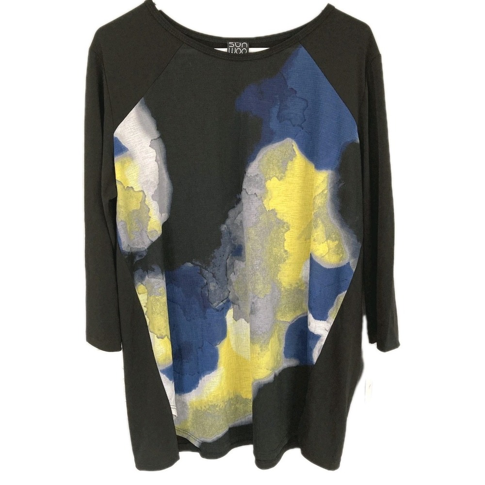 Clara Sunwoo Shirt Women XL Abstract Colorblock Artsy 3/4 Sleeve Tunic USA NWT